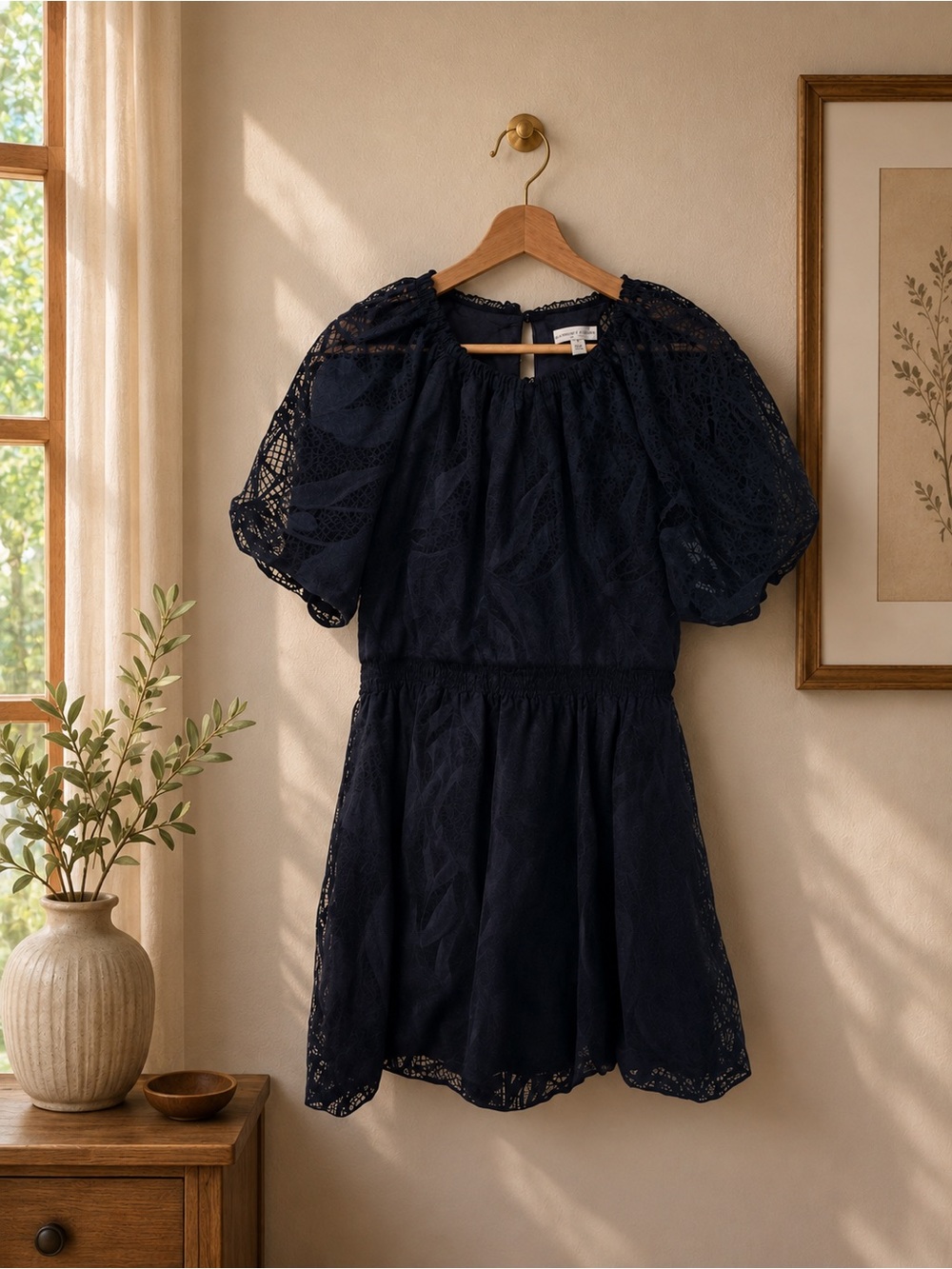 Monique Lhuillier Navy Lace Puff Sleeve Wedding Guest Dress Size 8